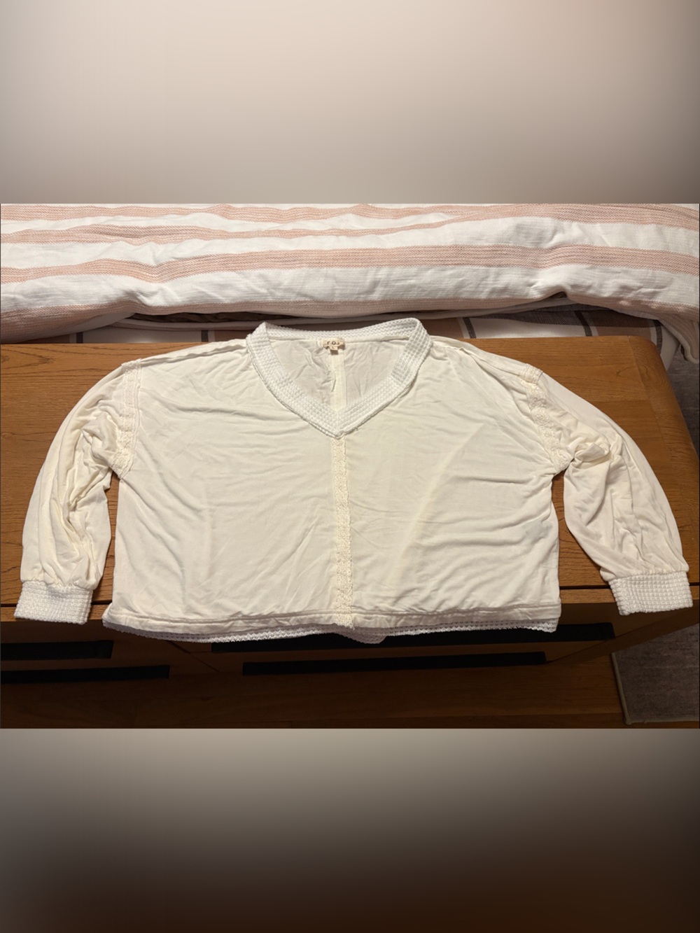 POL Cream Long-Sleeve Lace-Trim Sleep Top